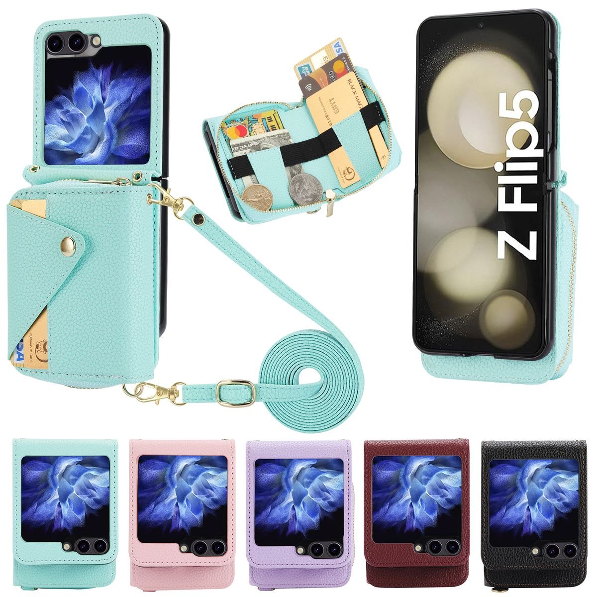 Wallet Case for Samsung Galaxy Z Flip 5 4 3 Case with Chain Strap, Card Holder Slots- Leather Wallet Case Flip Folio Cover Wallet Case for Samsung Galaxy Z Flip 5 4 3 Case with Chain Strap, Card Holder Slots- Leather Wallet Case Flip Folio Cover